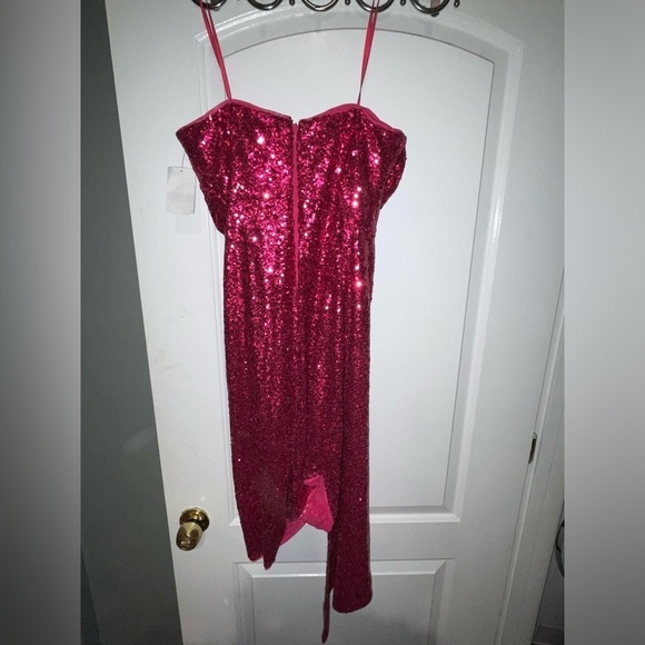 New!Jewel Badgley Mischka 🩷 Strapless Asymmetrical Sequined Draped Pink Dress 10 - Picture 10 of 12